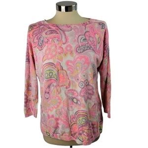 Talbots Women’s Top Neon Hot Pink Gray Paisley Print Knit 3/4 Sleeve Rayon Blend
